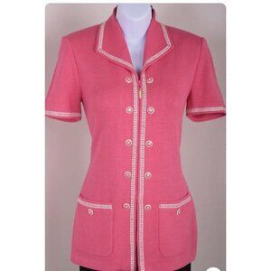 Vintage St John Women's Pink Knit White Trim Zip Jacket - 10